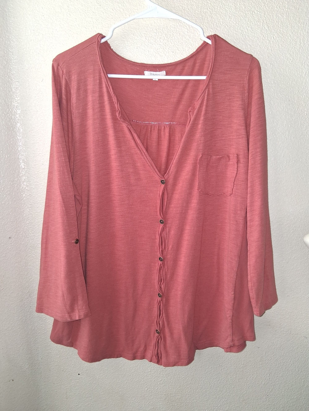 Maurices Coral Orange Button-Front V-Neck Blouse Sz 1X Cotton 3/4 Sleeve Adjust